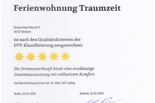 Borkum Ferienwohnung Traumzeit - Urkunde DTV 2024